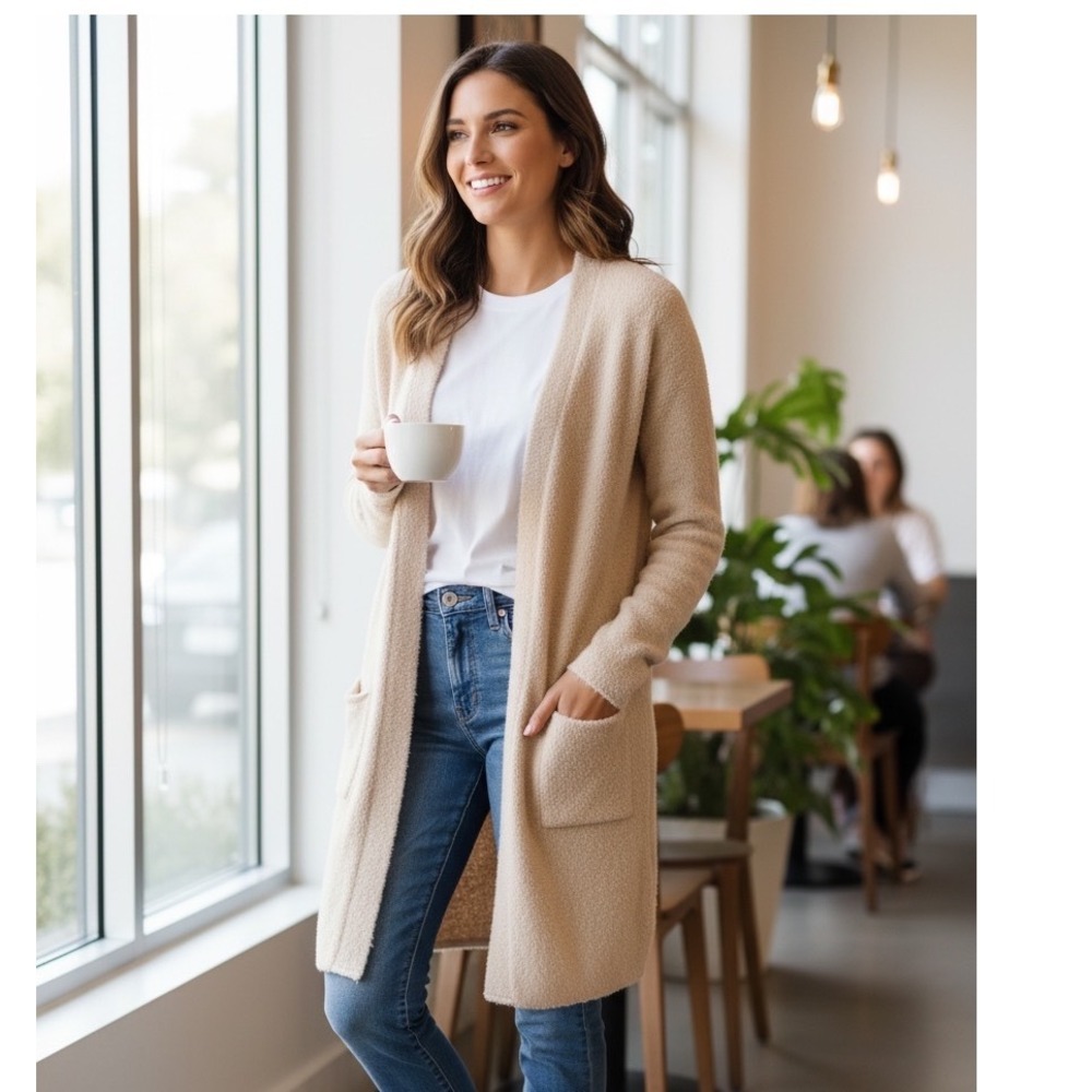 Barefoot Dreams CozyChic Lite Long Cardigan Beige Open Front Sweater Womens Sz M